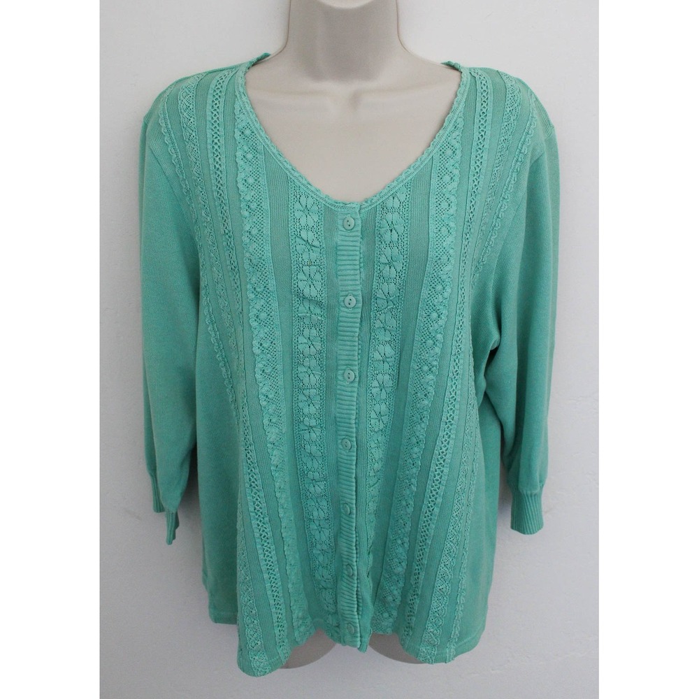 April Cornell Cardigan Sweater Large Green Knit Floral Lace Button Up Cotton